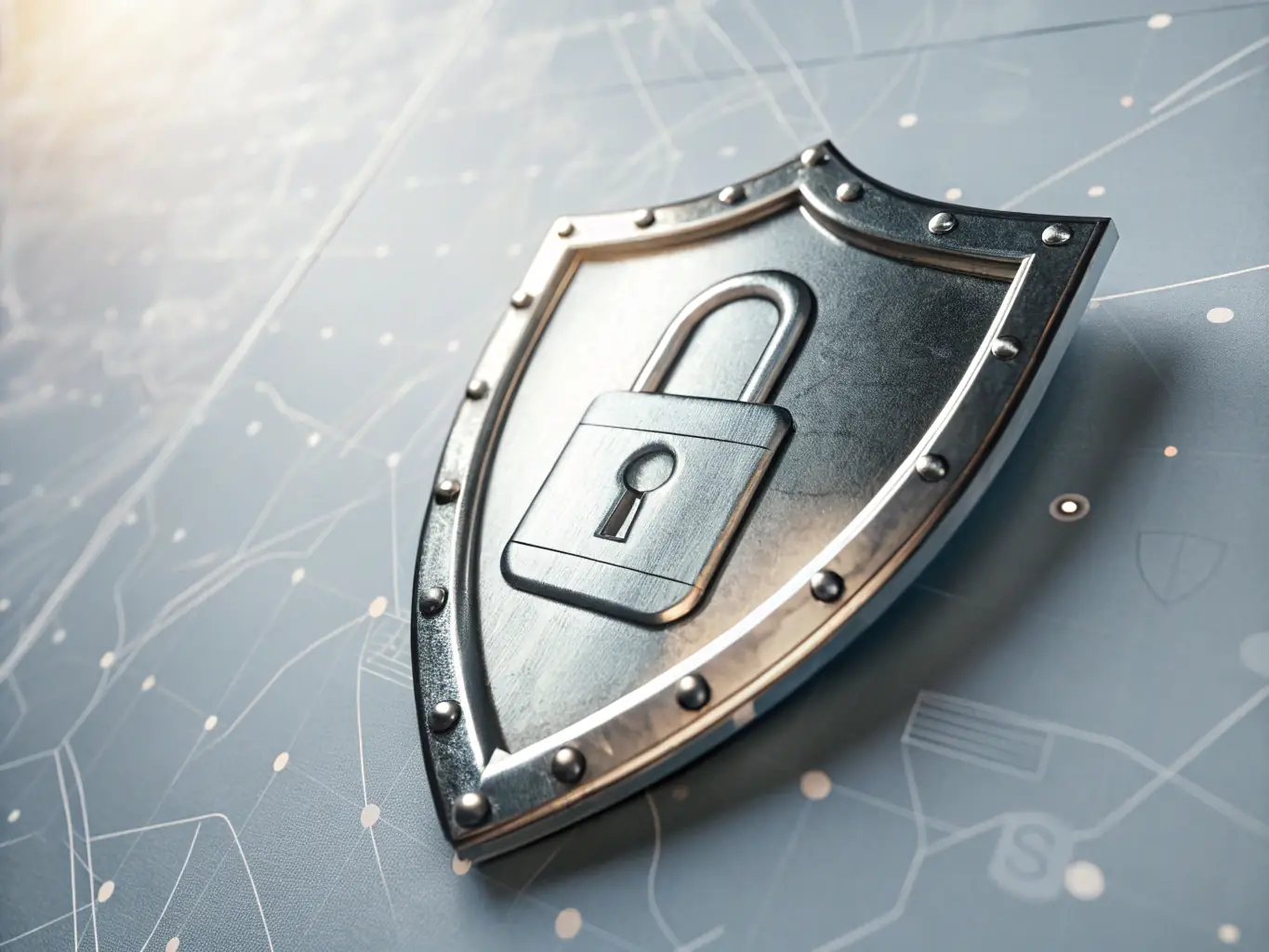 An illustration of a digital shield with a lock, representing FOX Game's secure platform with advanced encryption technology, protecting player data and financial transactions.